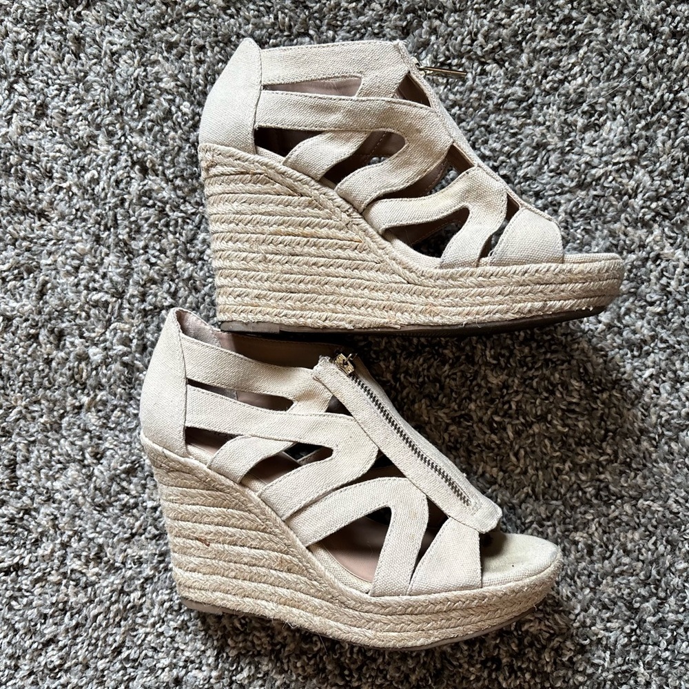 Beige Strappy Wedge Sandals with Zipper Size 7.5